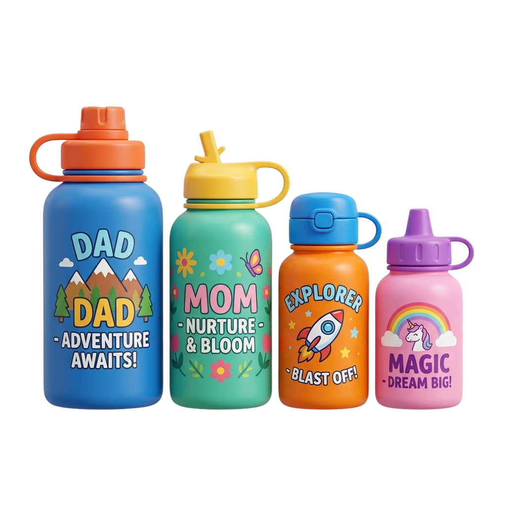 Four water bottles with colorful designs for Dad, Mom, Explorer, and Magic themes