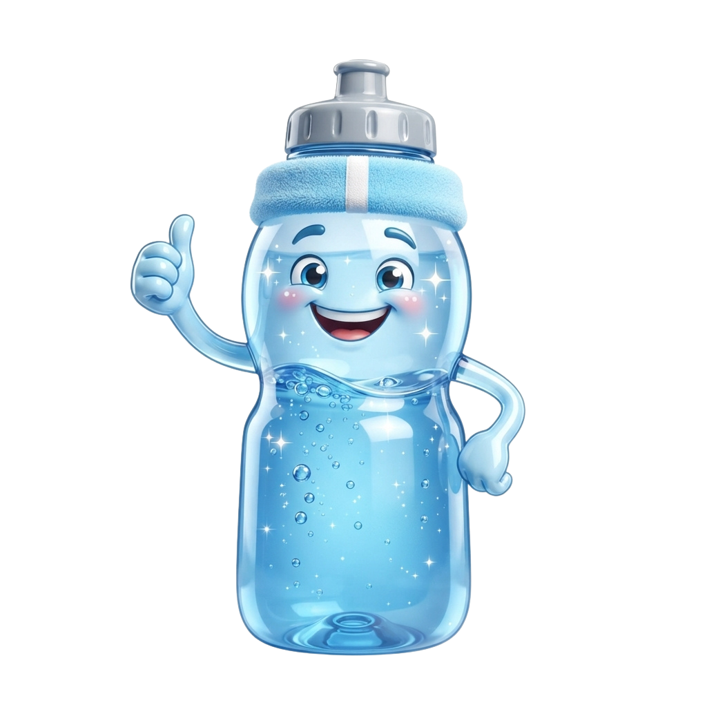 A smiling animated water bottle with arms giving a thumbs-up gesture