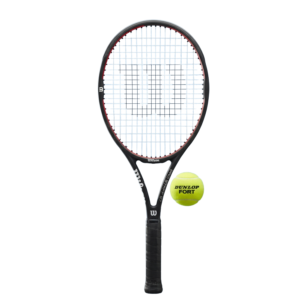 Black and red tennis racket with a yellow tennis ball beside it on a black background