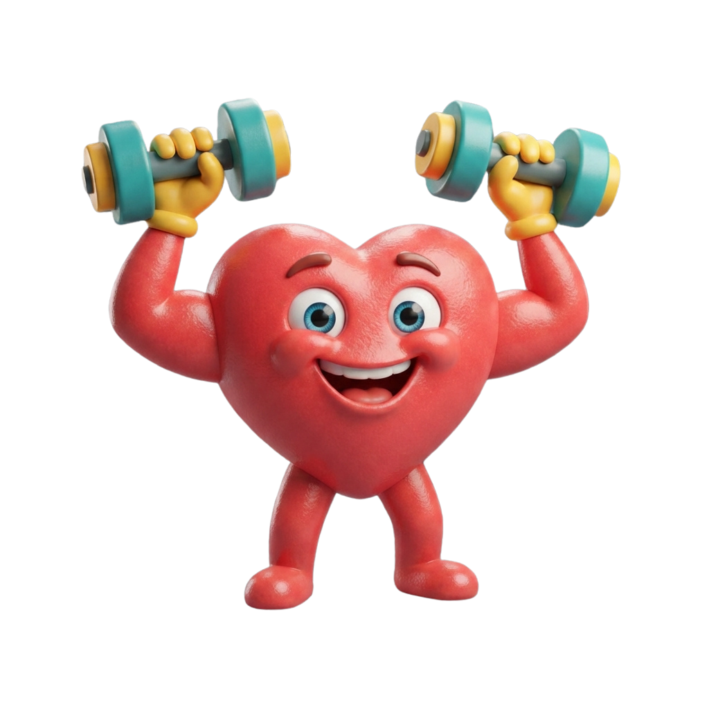 A smiling cartoon heart lifting colorful dumbbells with both arms flexed