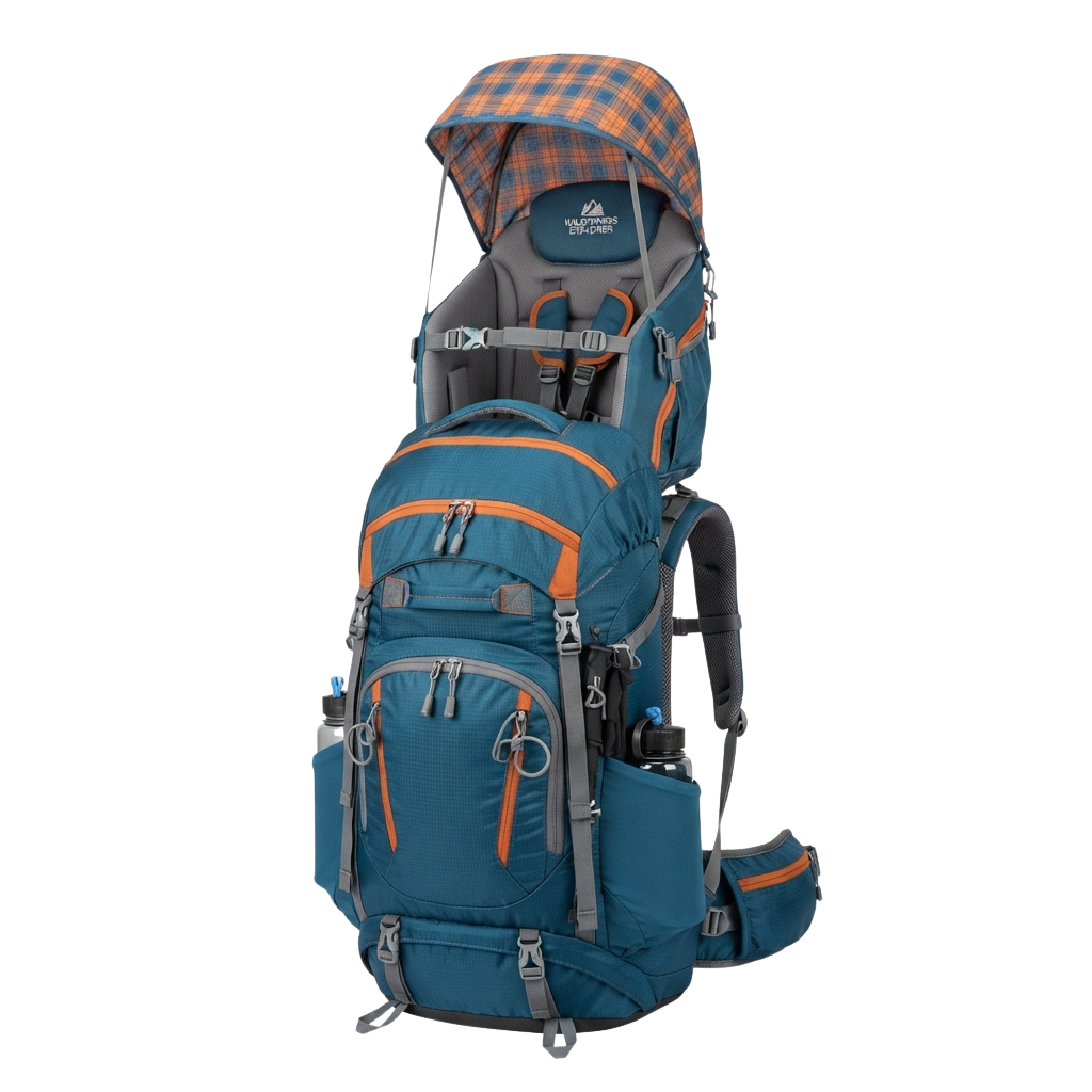 Blue child backpack carrier with orange accents and a rain hood, standing upright against a black background