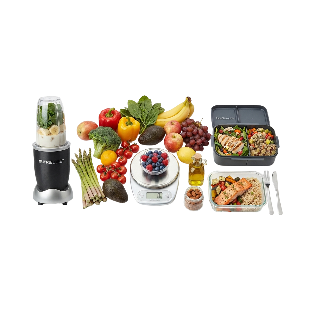 Meal prep setup showing blender, fresh produce, kitchen scale, containers with food, and utensils