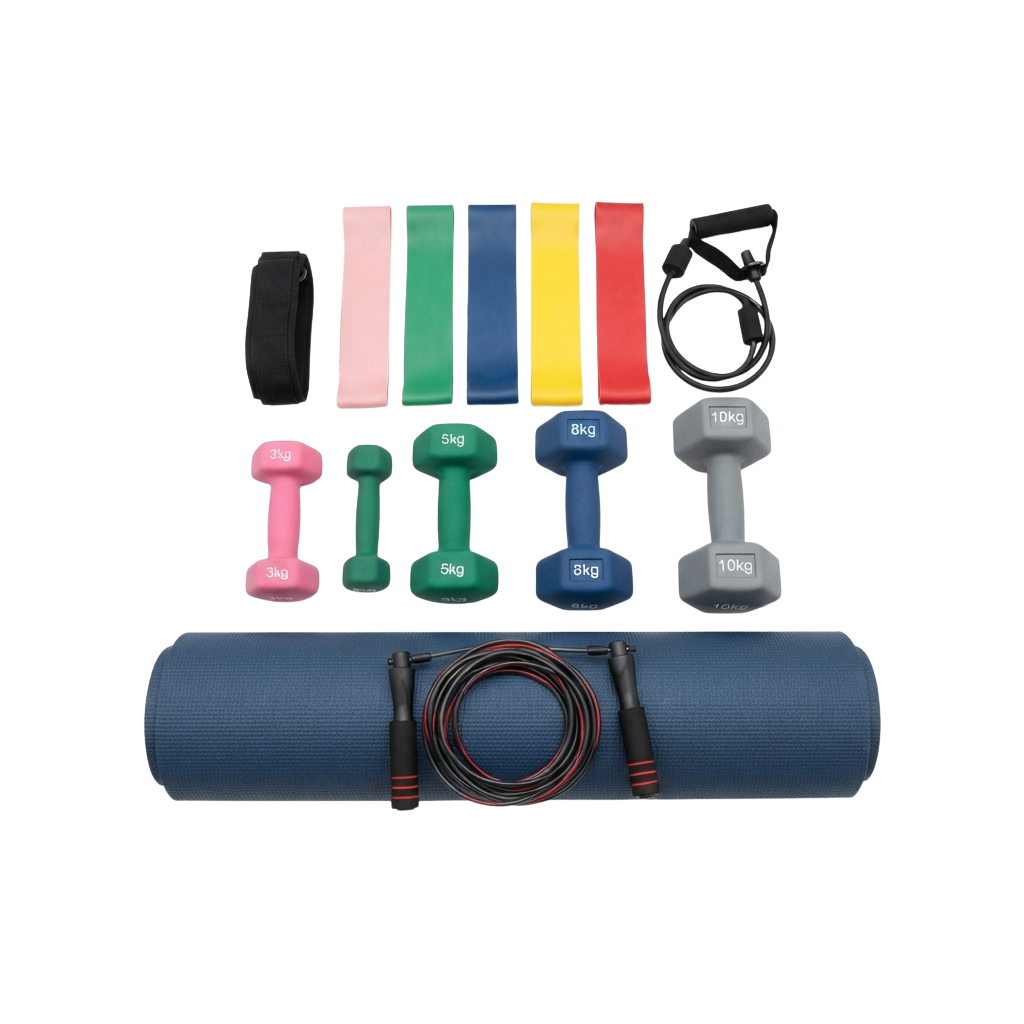 Set of workout gear including four dumbbells, five resistance bands, and a jump rope on a mat