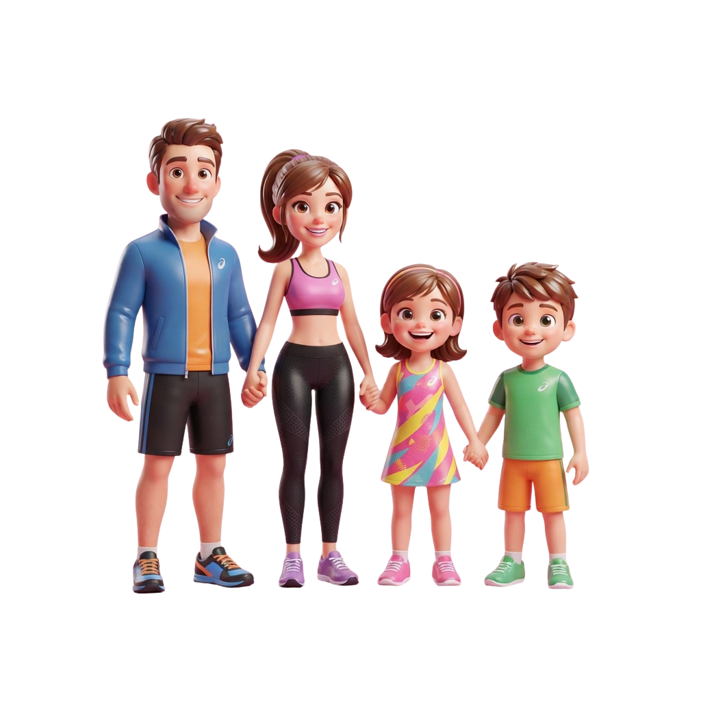 Four cartoon family members holding hands and smiling, standing side by side.