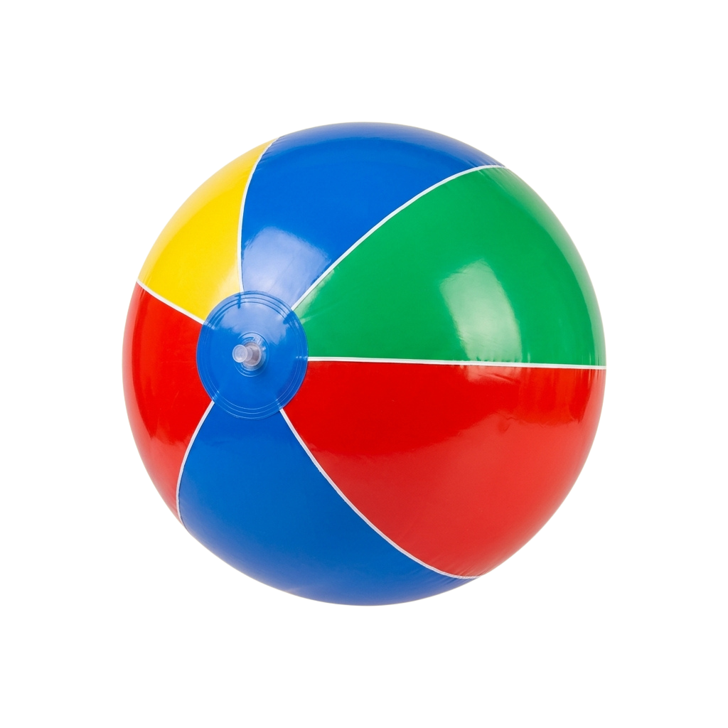 A multicolored beach ball with red, yellow, blue, and green sections and a blue valve stem