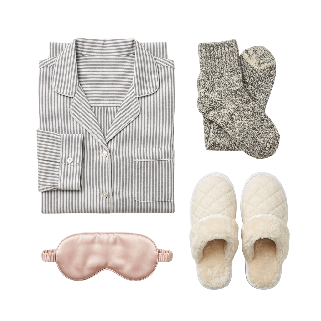 A sleep set including a striped robe, fuzzy socks, slippers, and a sleep mask.