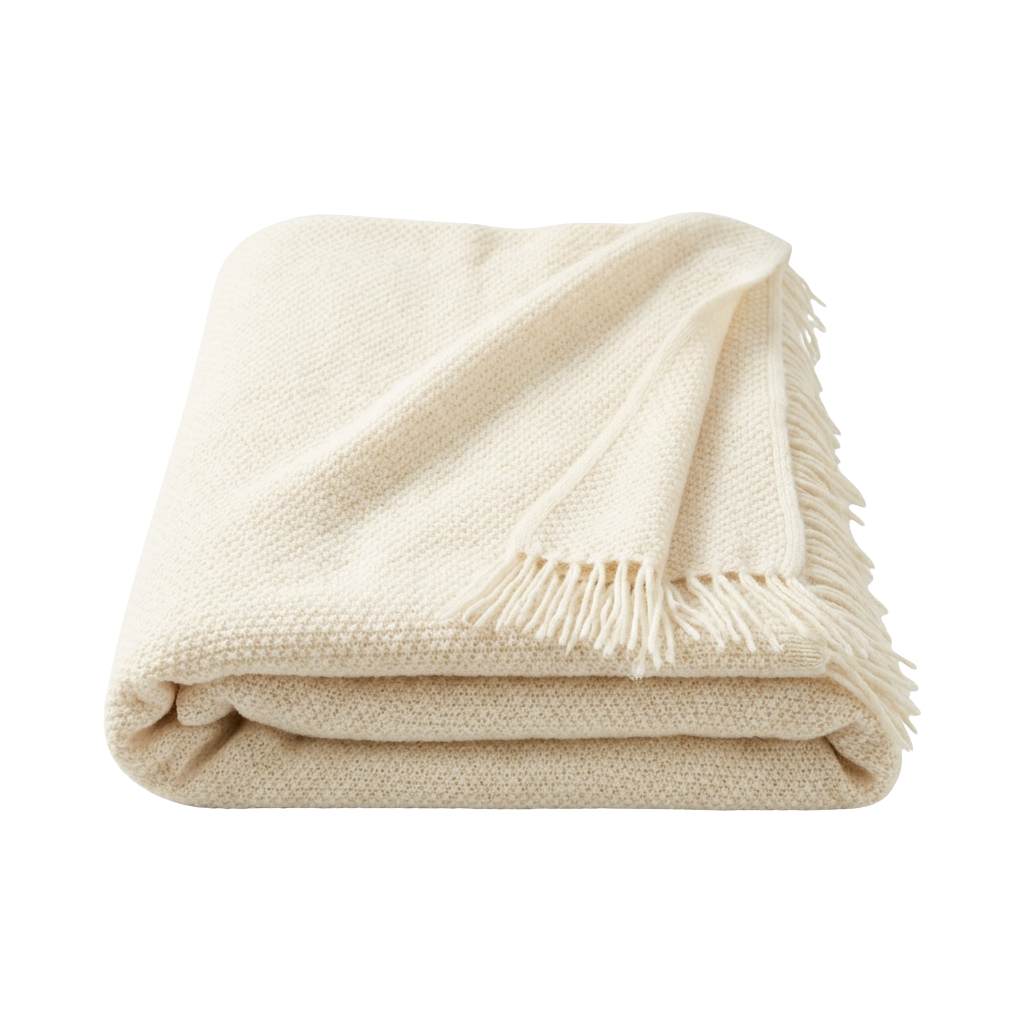 A cream-colored knit throw blanket with fringe edges folded neatly on a dark background