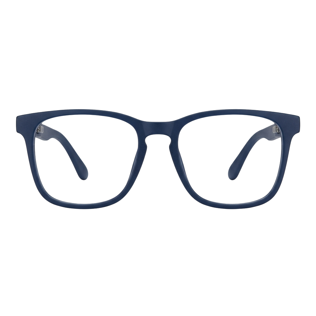 A pair of blue rectangular eyeglasses with a sleek, minimalist design and slightly curved temples