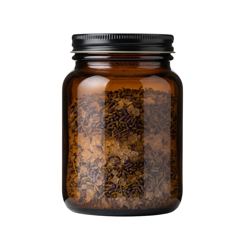 A transparent glass jar filled with a mix of dried herbs and spices, topped with a black lid.