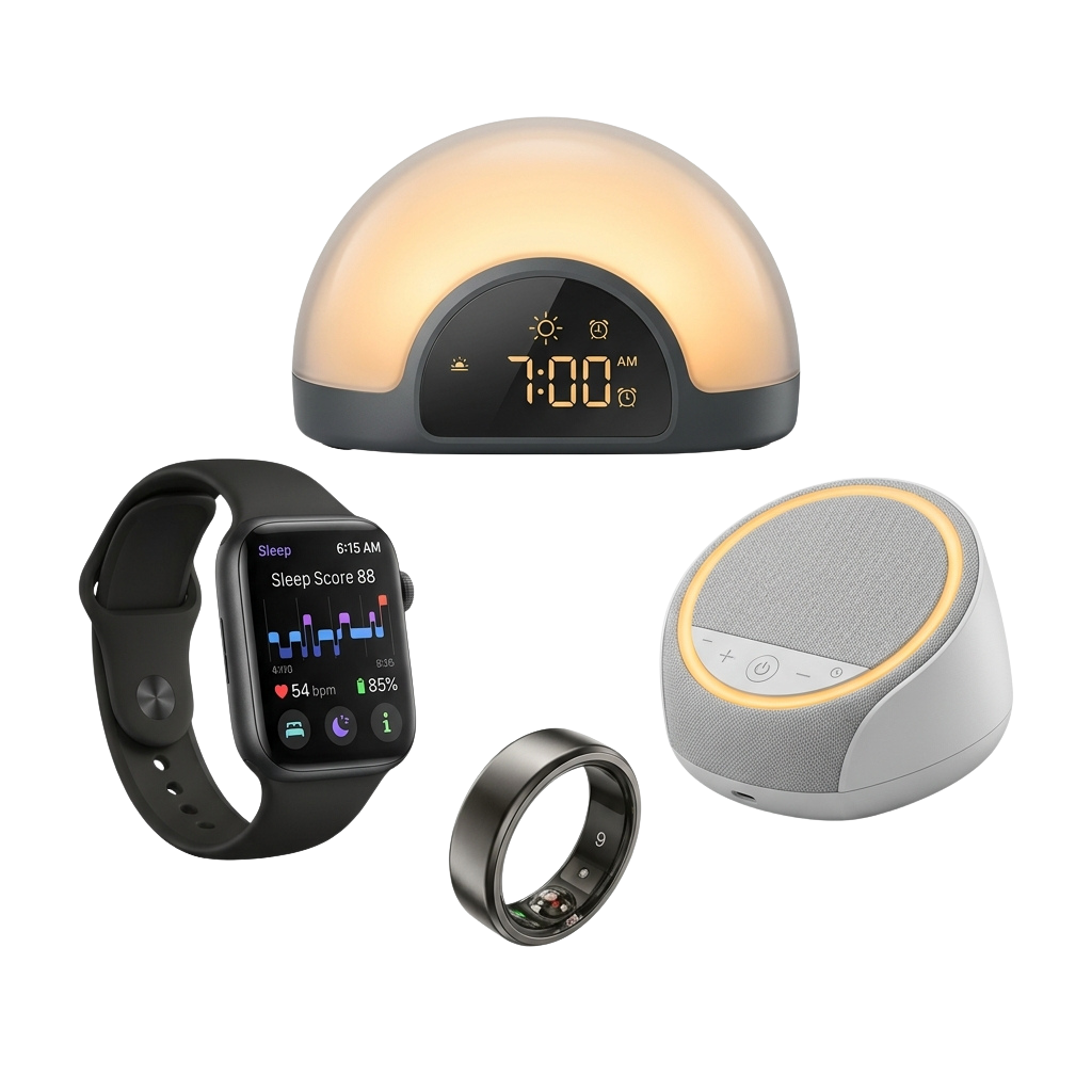 Four smart devices for sleep tracking: clock, smartwatch, ring, and speaker with sleep metrics displayed.
