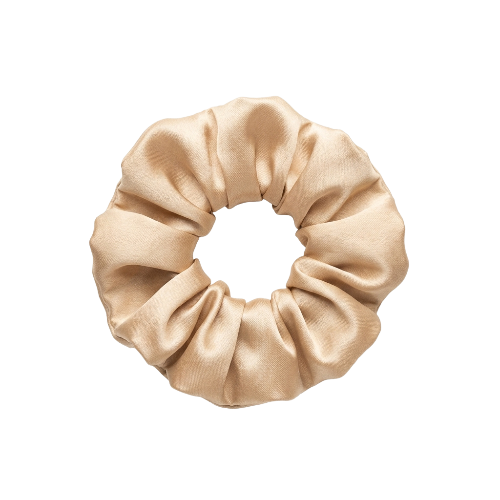 A beige fabric scrunchie with a gathered texture, shown against a black background