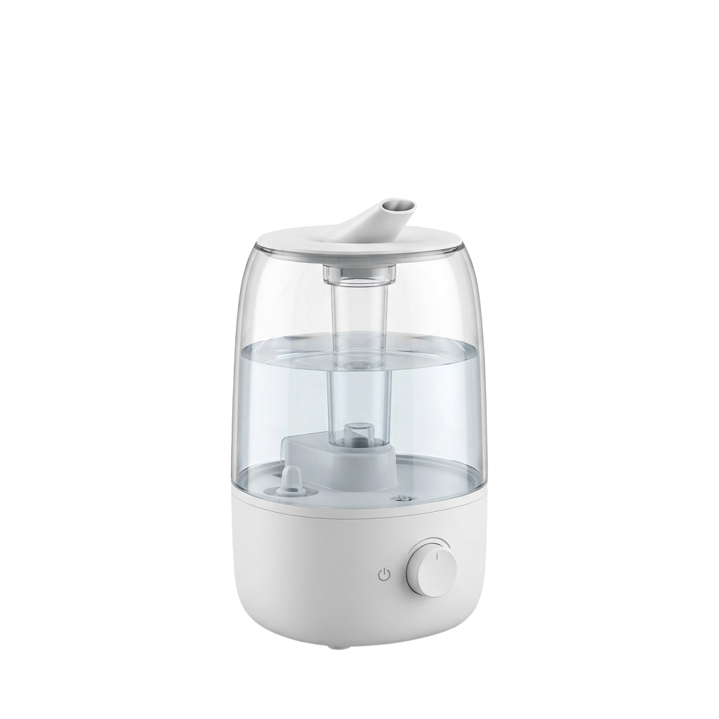 A small white humidifier with a clear water tank and control dial on the front