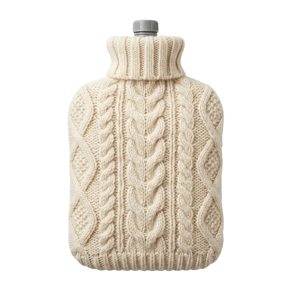 Cream-colored knitted cable design hot water bottle cover with a turtleneck top
