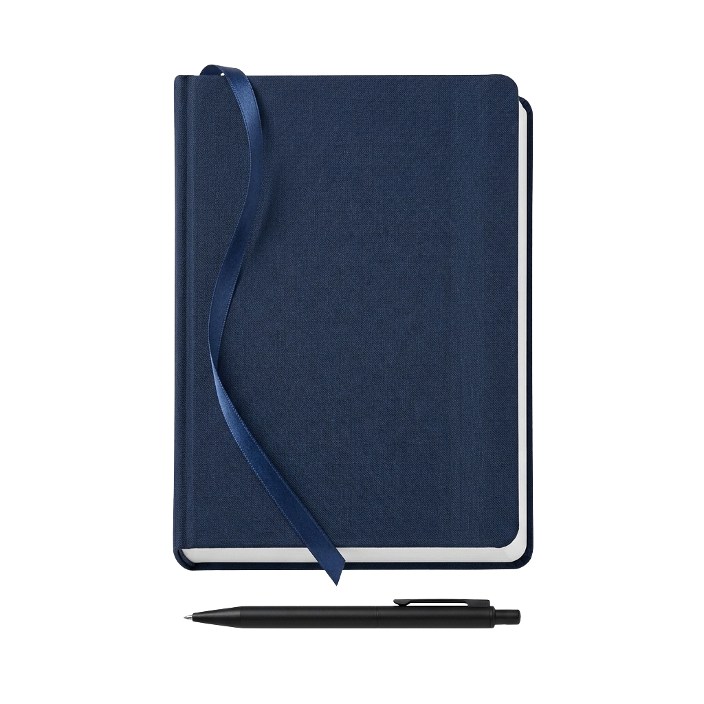 A navy blue leather journal with a ribbon bookmark and a black pen placed beside it on a dark background