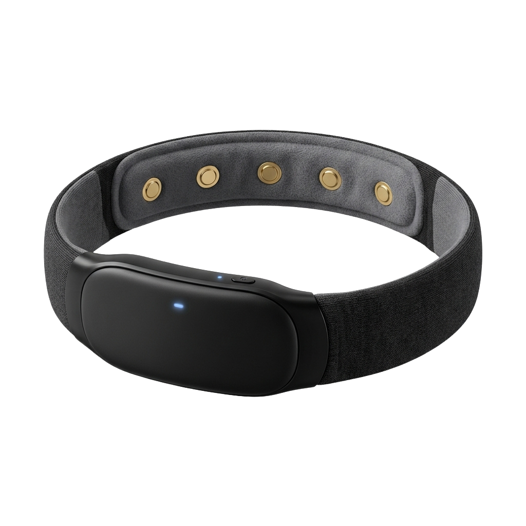 A black smart fitness tracker wristband with a gold-adorned adjustable buckle and a small illuminated display.