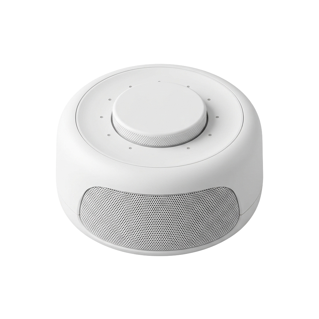 White round smoke alarm featuring a speaker grille and a central test button.