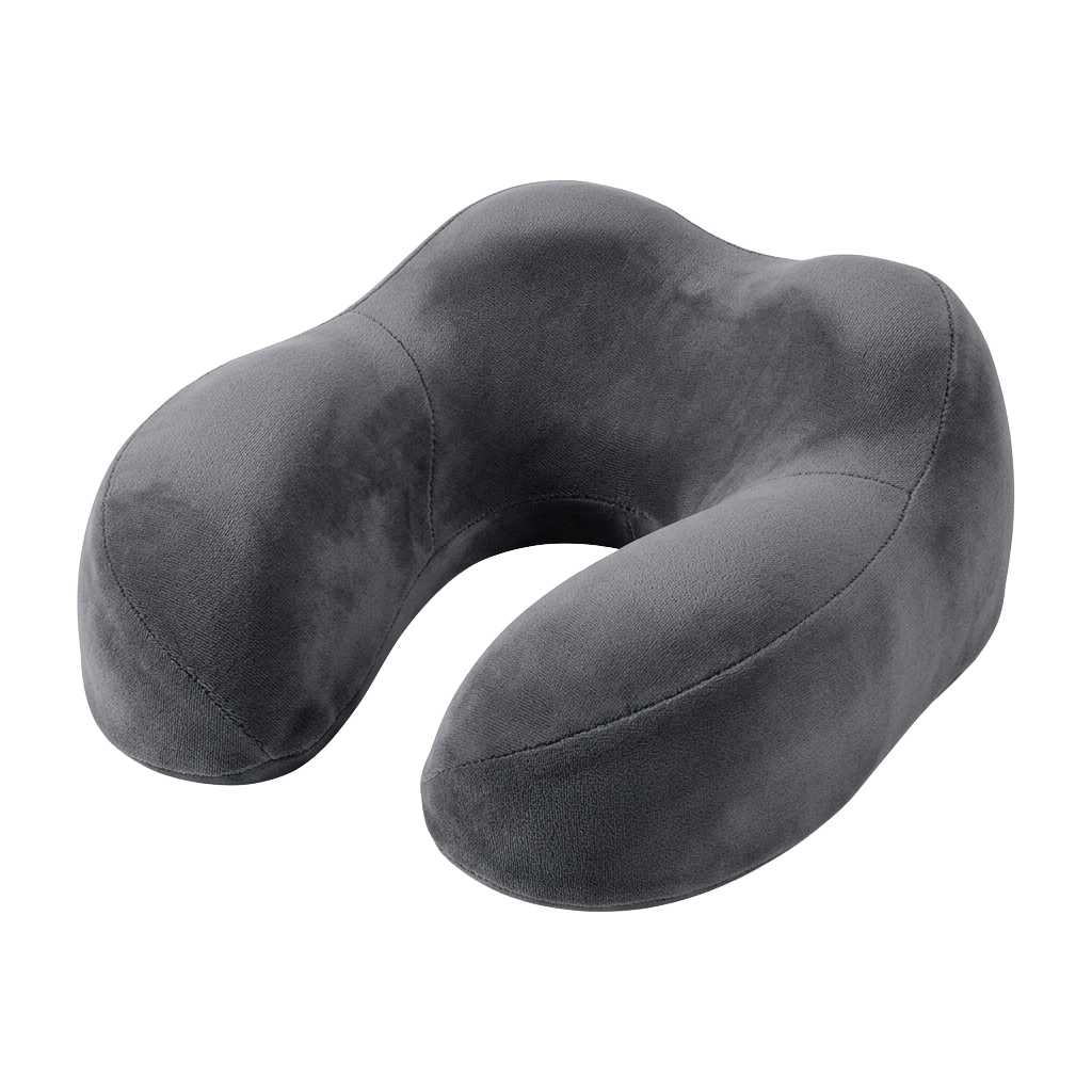 A grey U-shaped memory foam neck pillow with a smooth, cushioned surface.
