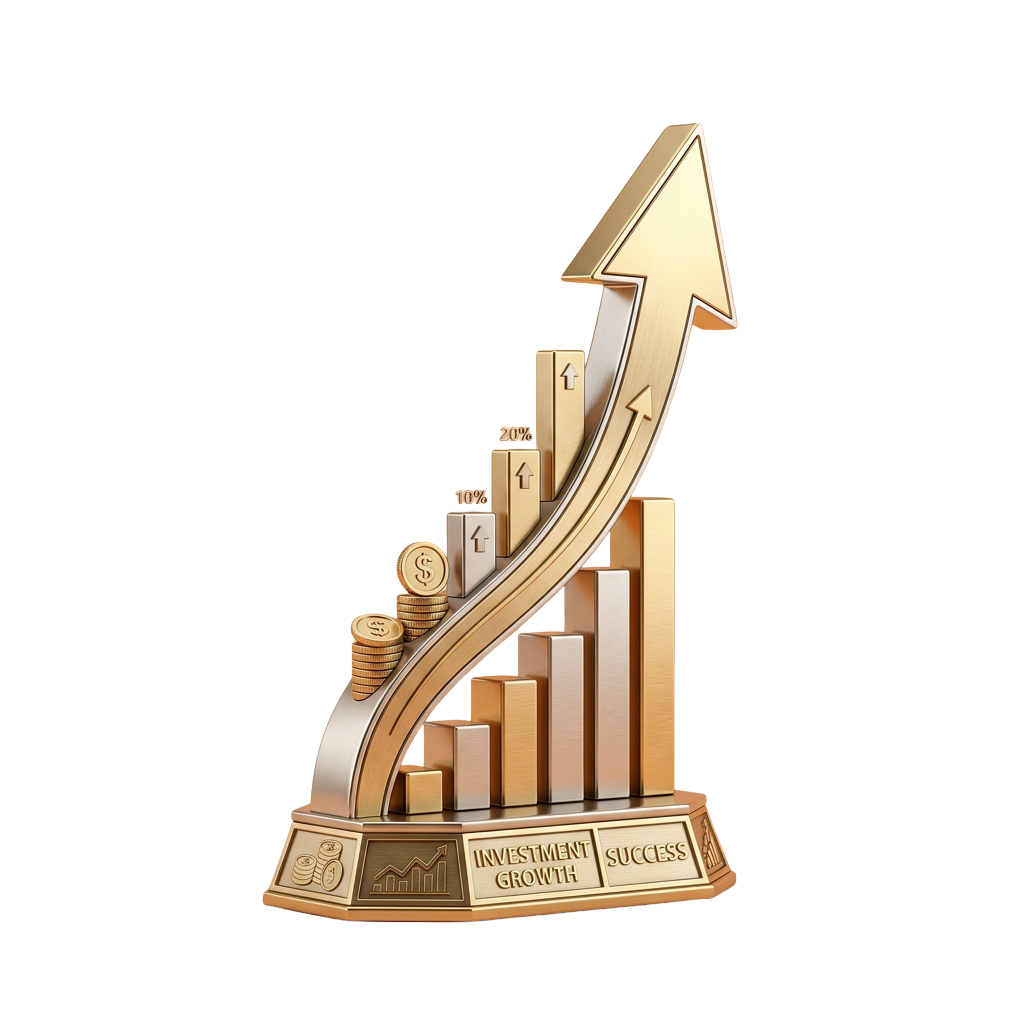 A golden trophy depicting investment growth with a rising arrow, stacked bars, and coins.