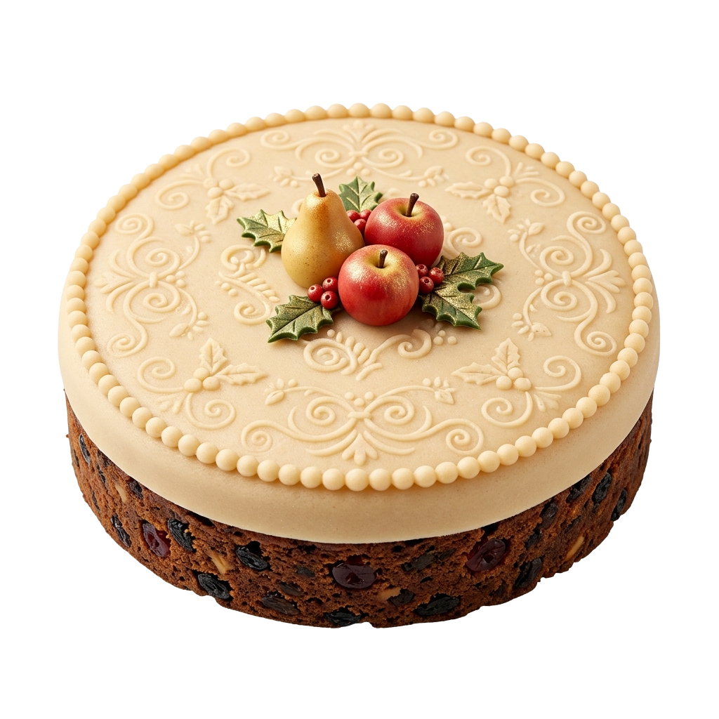 Round fruit cake with cream frosting and intricate piping, topped with apples, pears, and holly leaves.