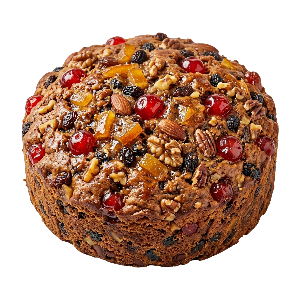 A round fruit and nut loaf cake topped with chopped nuts, dried cranberries, and raisins