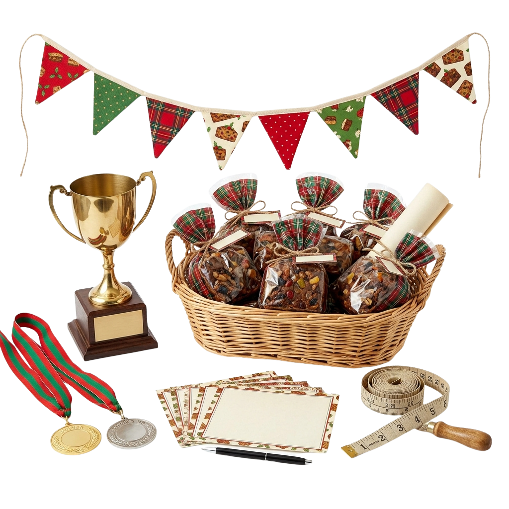 A festive gift basket with treats, trophies, ribbons, and holiday bunting on a dark background