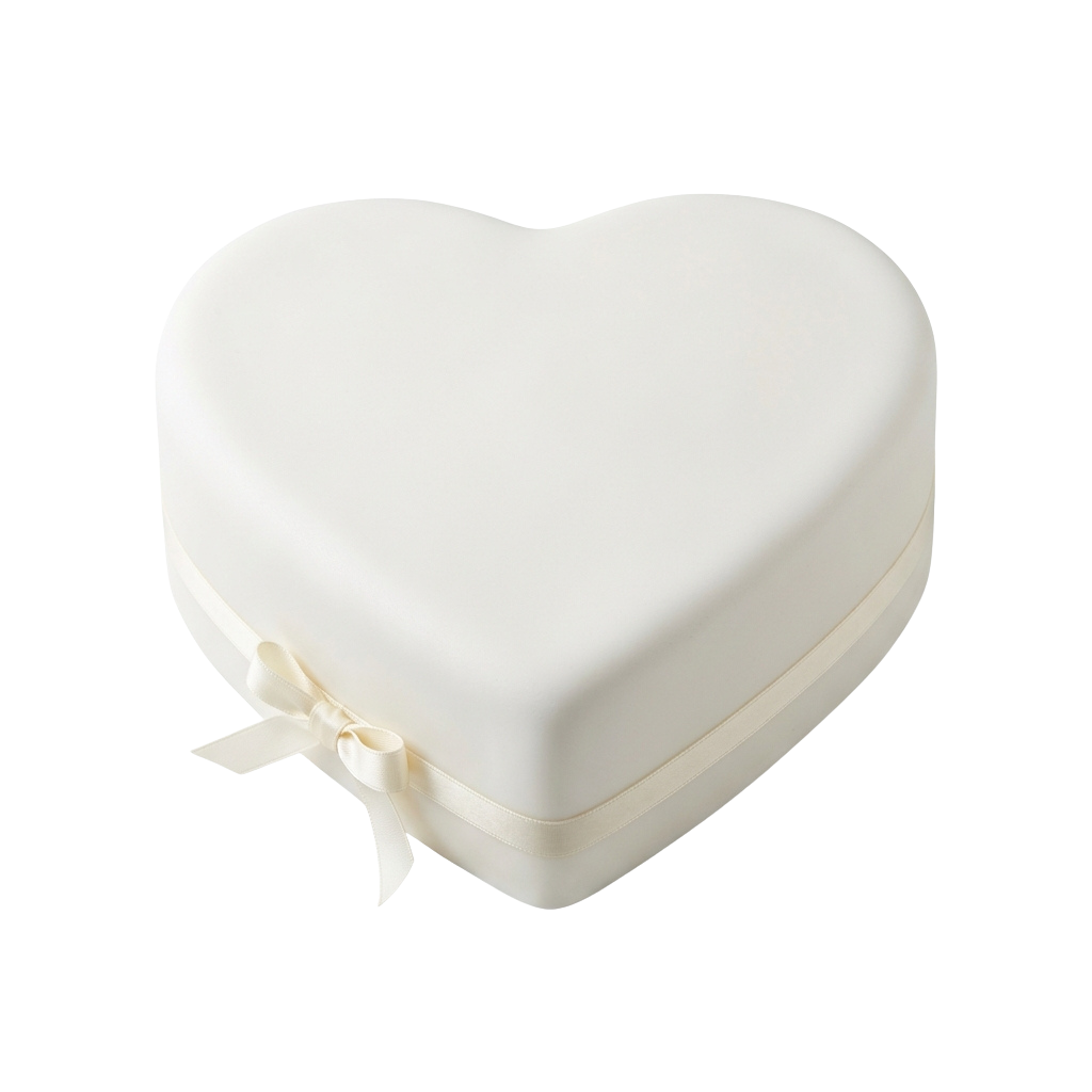 A heart-shaped white cake with a light ribbon tied around the base