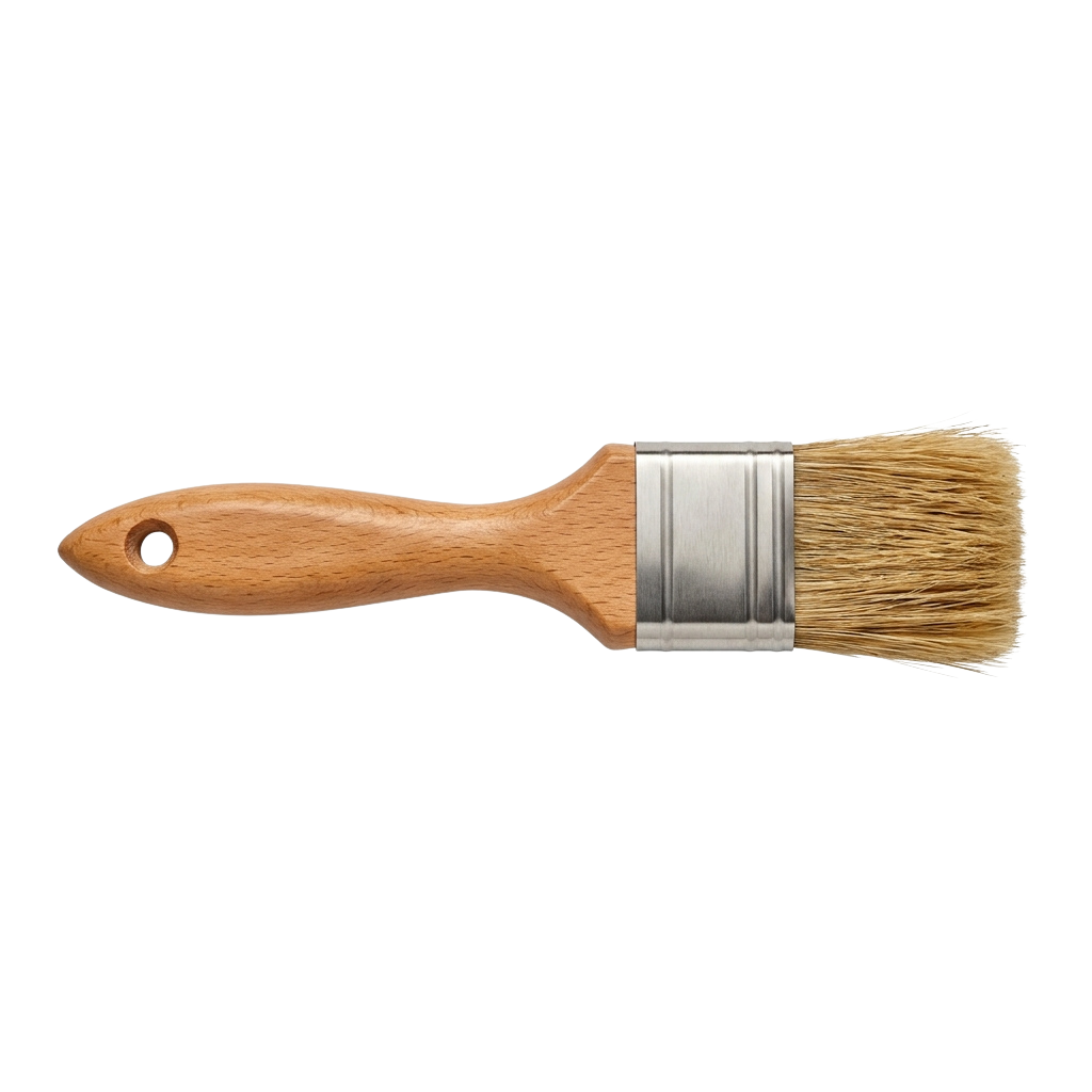 A wooden-handled paint brush with natural bristles and a metal ferrule