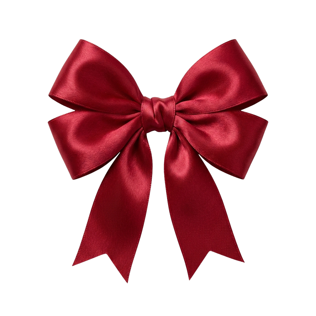 A glossy red velvet bow tied in a decorative knot with two long tails.