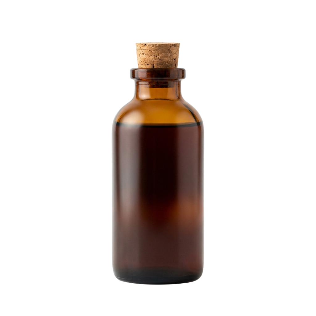 Amber glass bottle with a cork stopper against a dark background