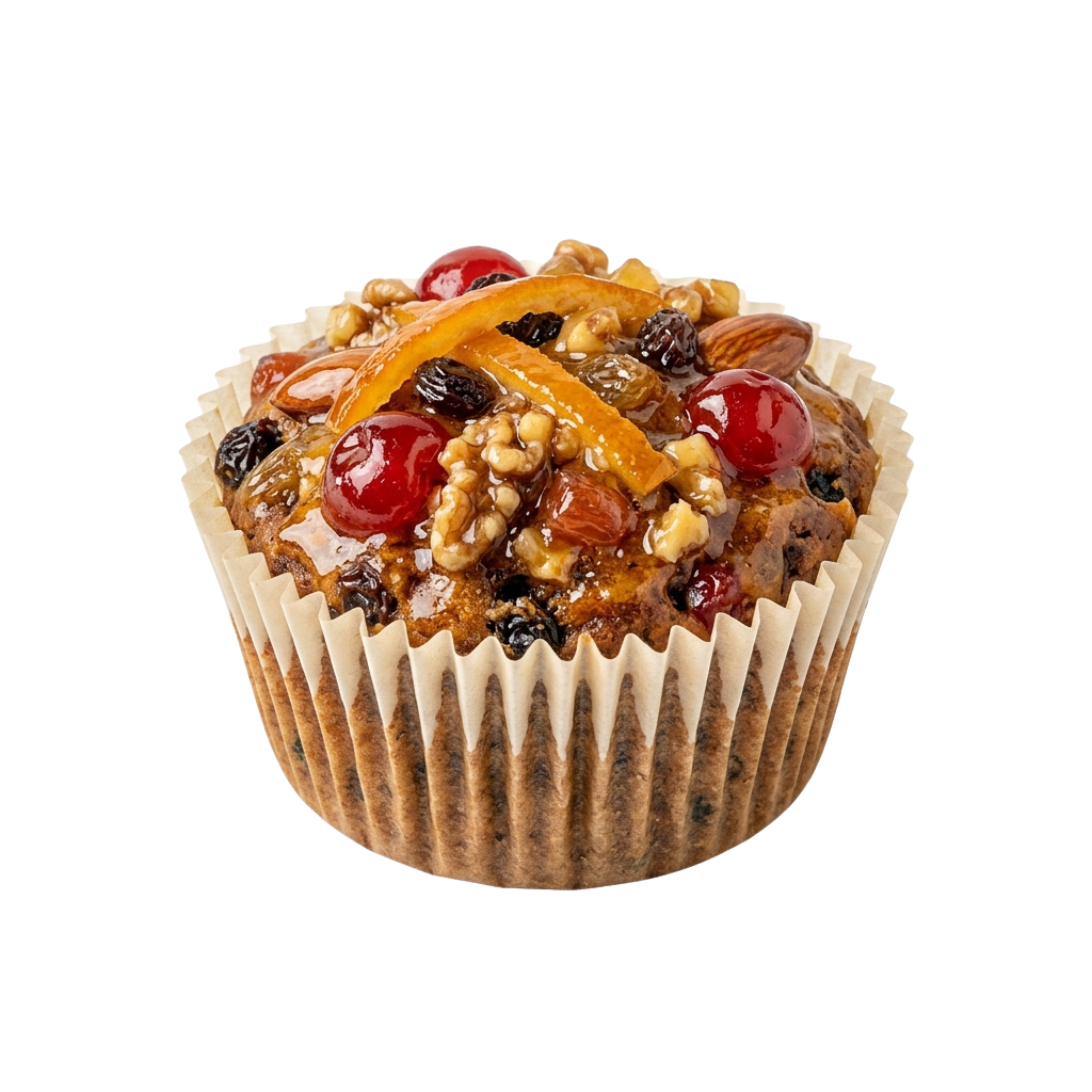 A close-up of a baked muffin topped with candied orange peel, dried cranberries, chopped nuts, and raisins in a white paper liner