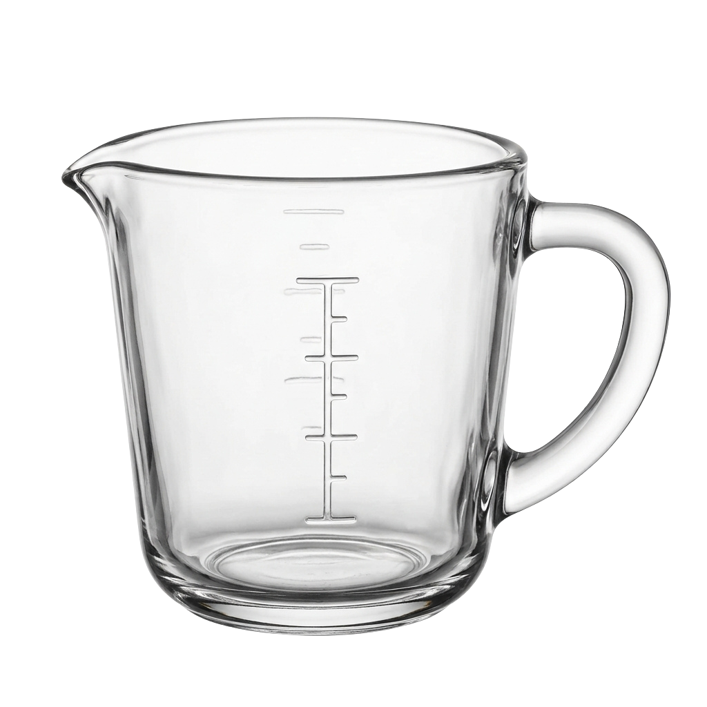 A clear glass measuring pitcher with a handle and measurement markings on the side