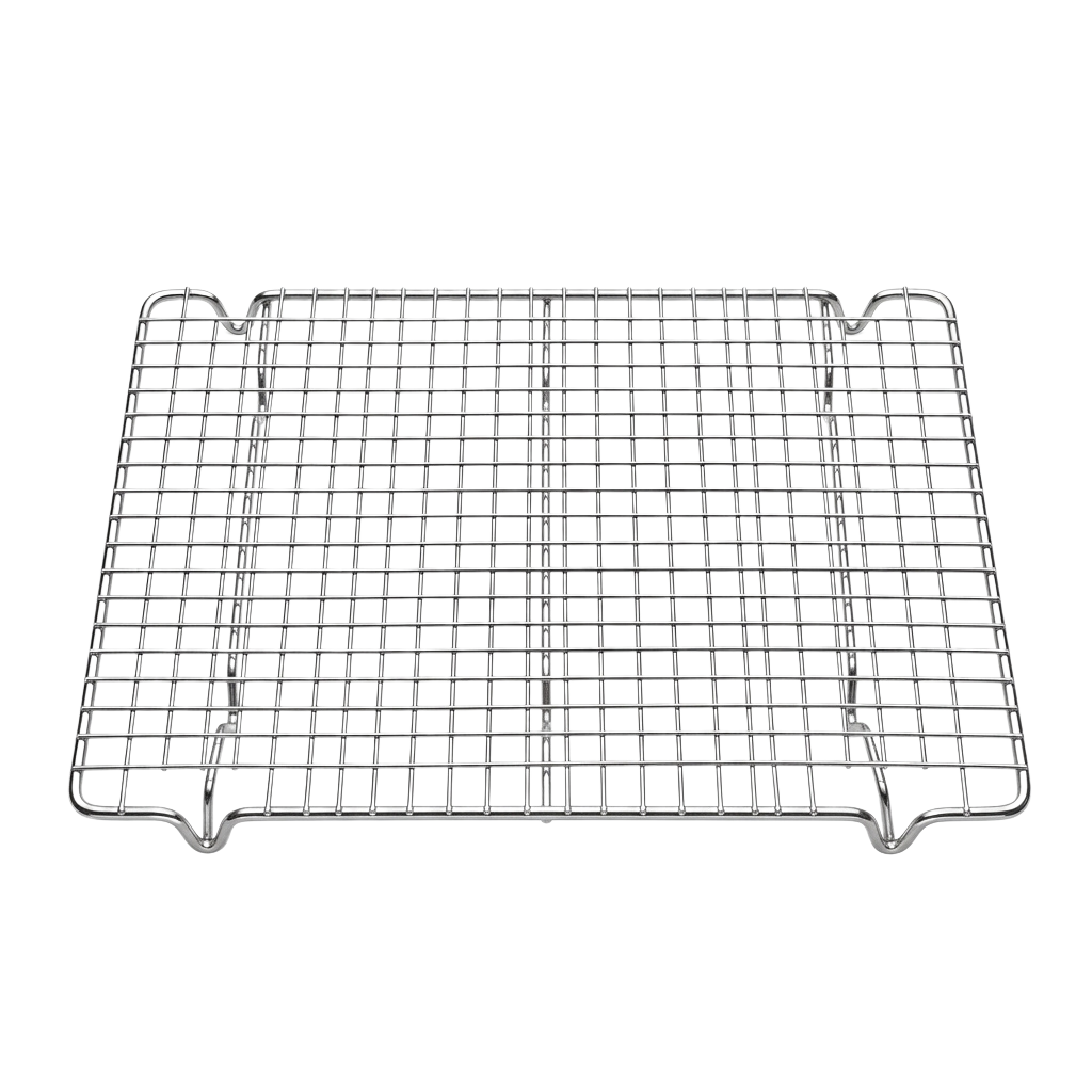 A rectangular stainless steel cooling rack with a wire grid design and small raised edges on the sides.