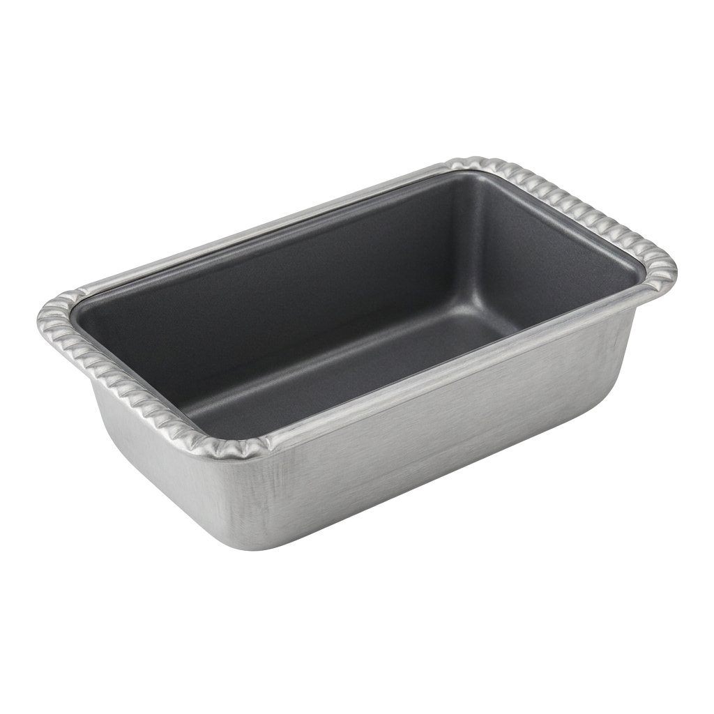 Shiny aluminum rectangular baking pan with ridged edges and smooth interior surface