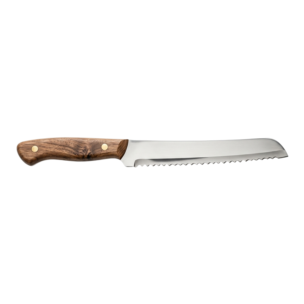 A chef knife with a wooden handle and a serrated edge shown against a black background