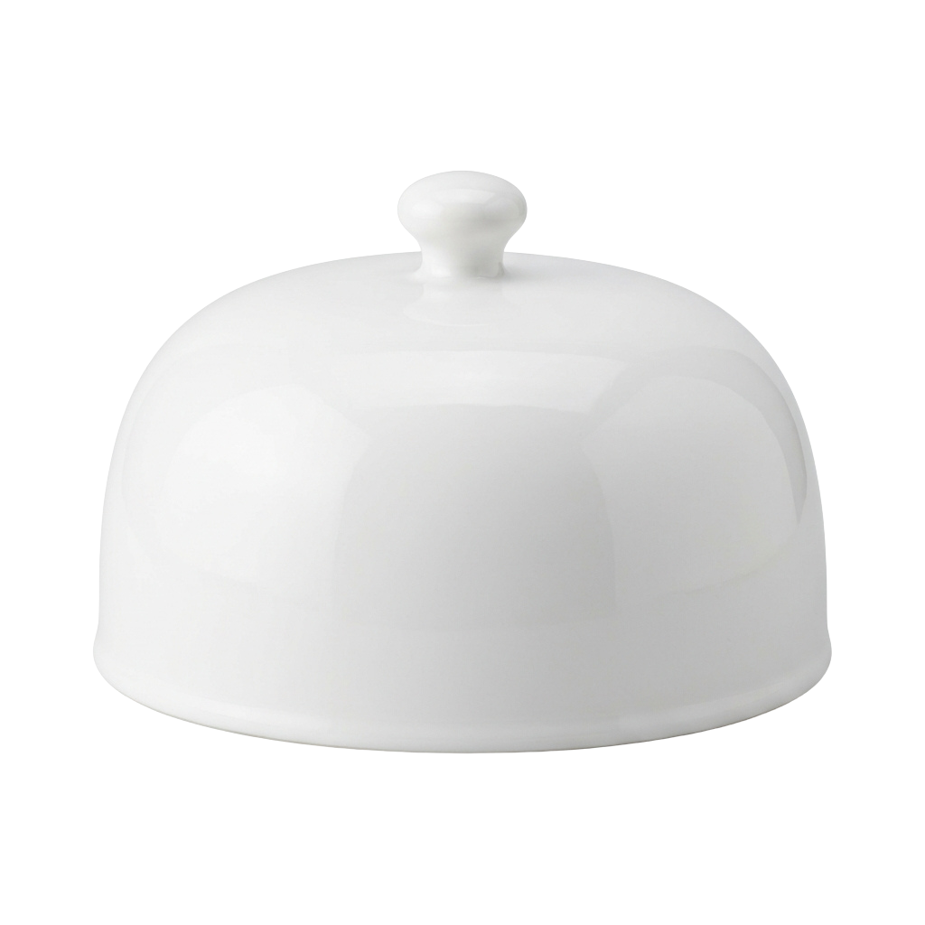 A white ceramic dome-shaped cover with a knob on top used for covering serving dishes