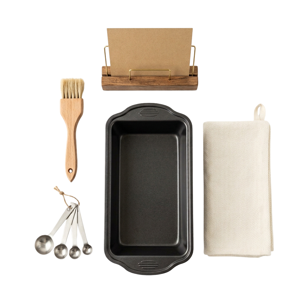 Baking kit including a black loaf pan, wooden brush, stainless steel measuring cups, wooden holder, and white towel.