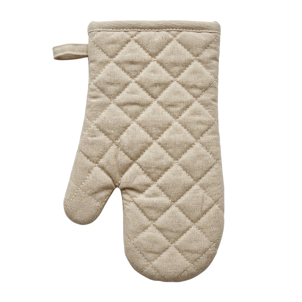 A beige quilted oven mitt with a wrist strap for handling hot cookware