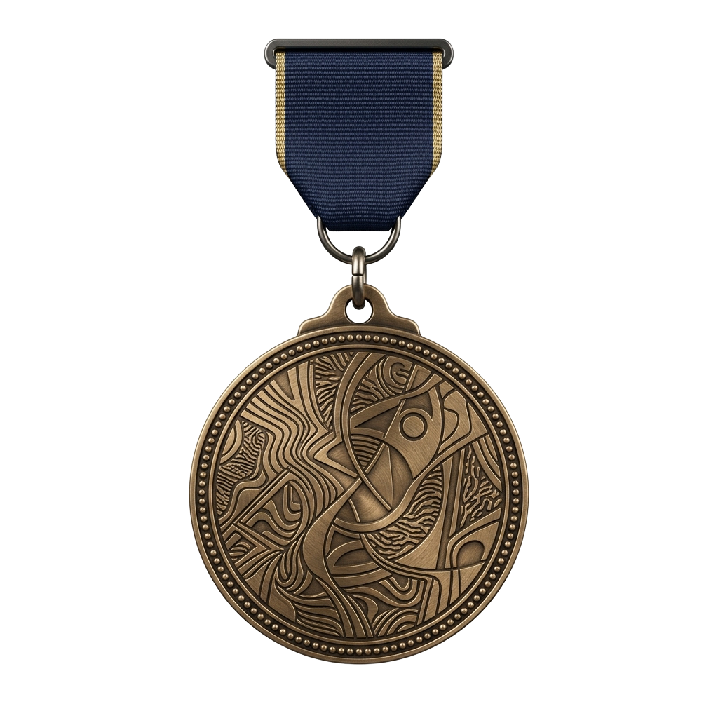 A bronze medal featuring detailed Maori carving with a blue ribbon and gold clasp.