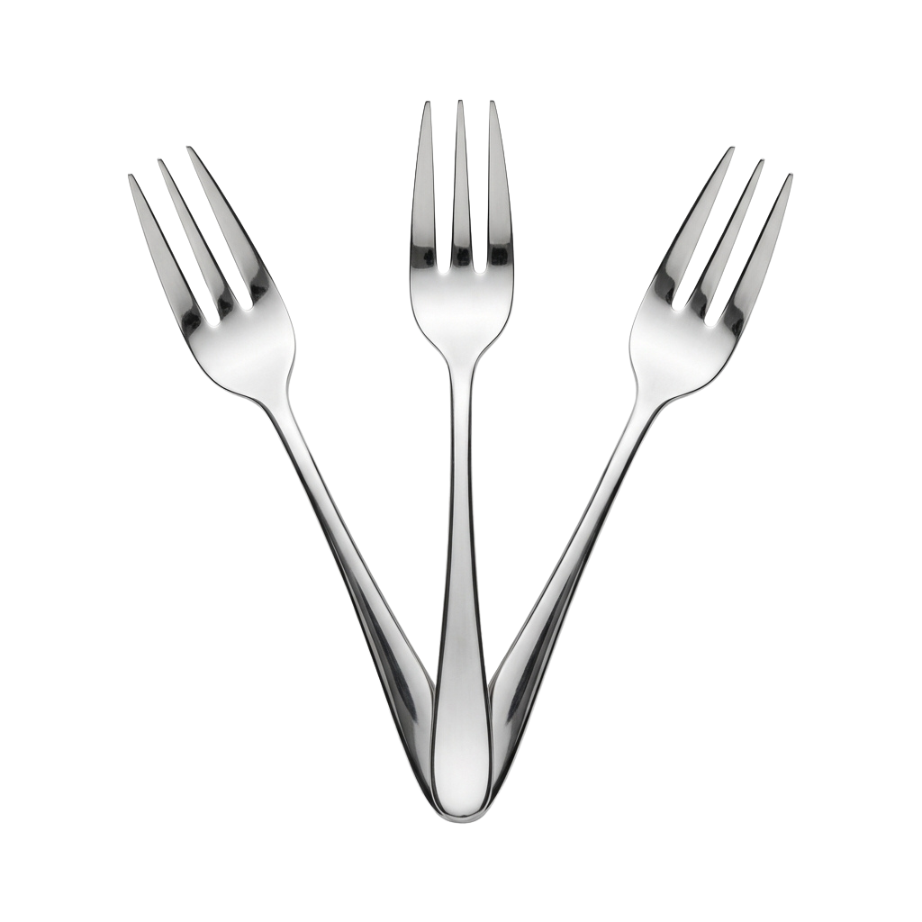 Three shiny metal forks arranged in a triangle formation with tines pointing upward against a dark background