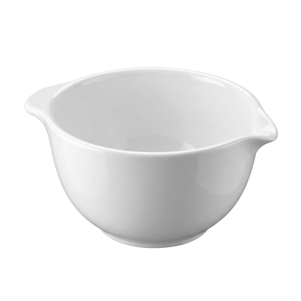A white ceramic mixing bowl with smooth interior and two small handles on the sides