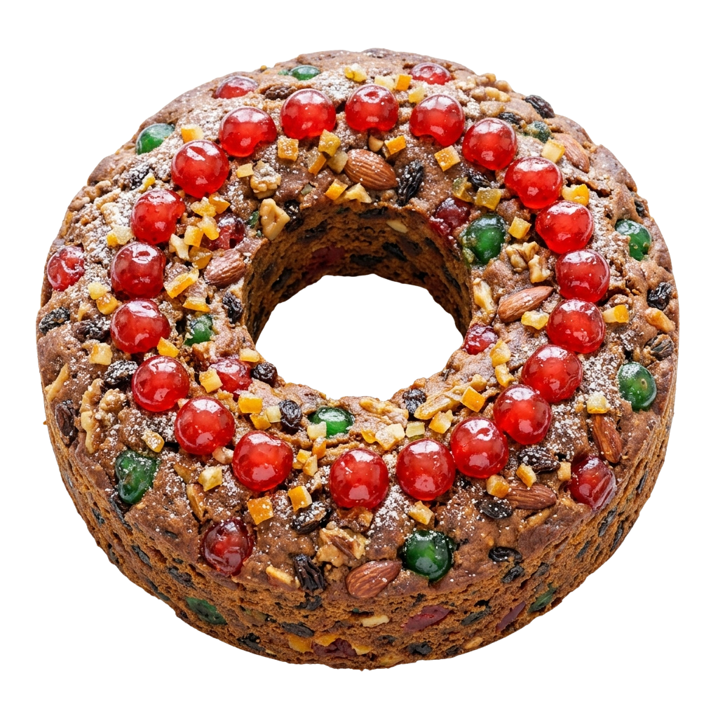 A bundt cake decorated with red candied fruits, nuts, and colorful sprinkles on top