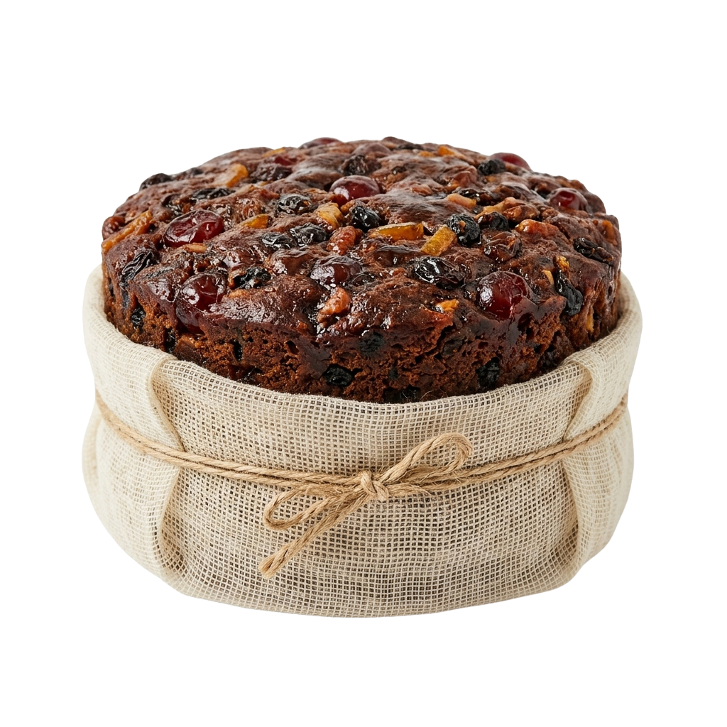 A round fruitcake with dried fruits on top, wrapped in burlap with a twine bow.