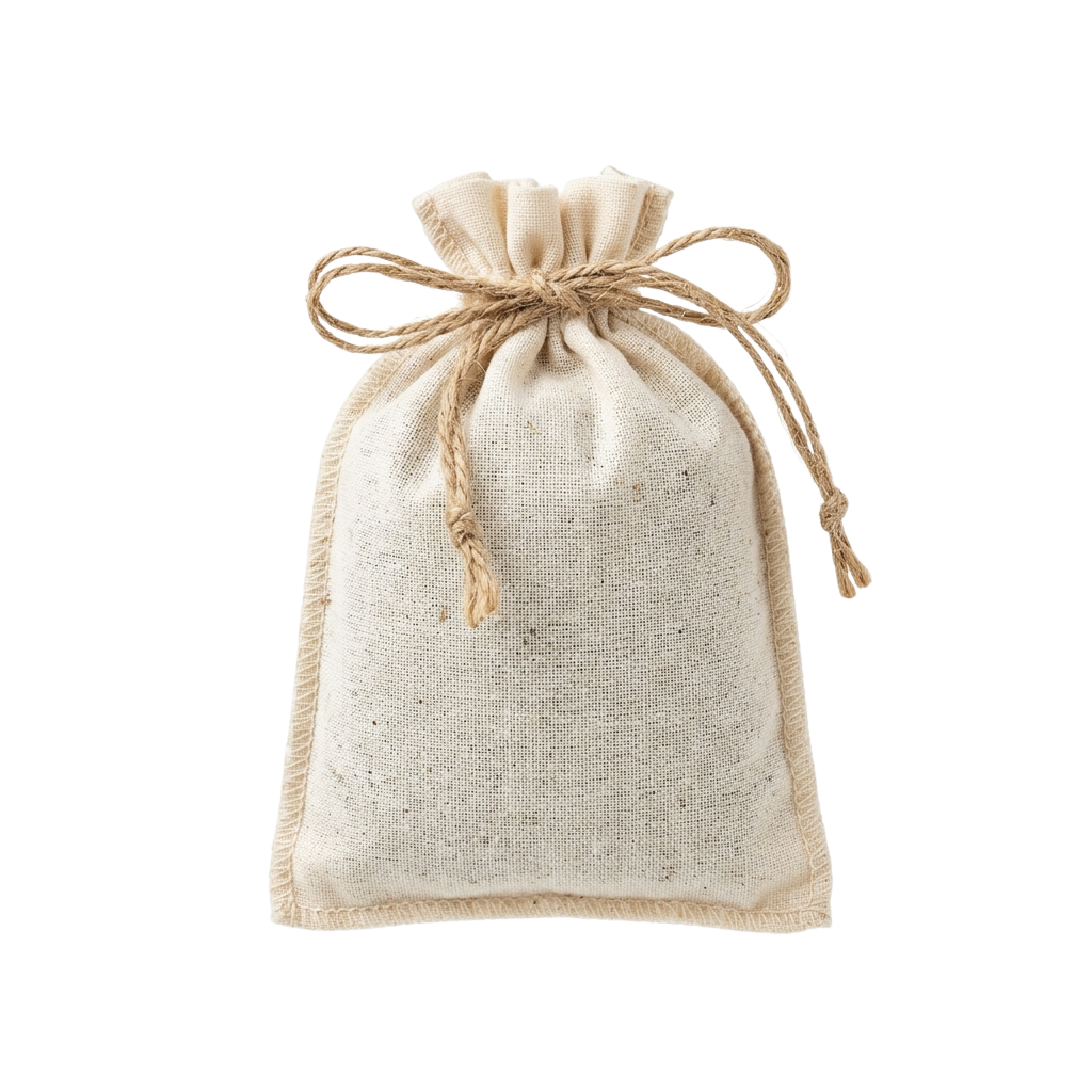 A beige fabric drawstring bag tied with natural twine against a black background