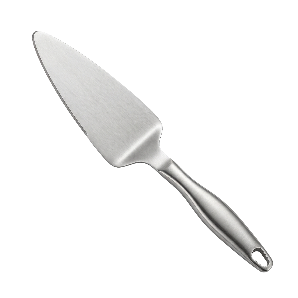 A sleek, shiny stainless steel spatula with a curved blade and ergonomic handle.