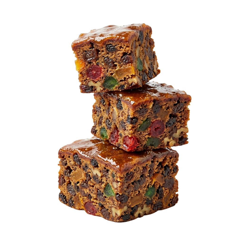 Three stacked bars of fruitcake with raisins and nuts on a dark background
