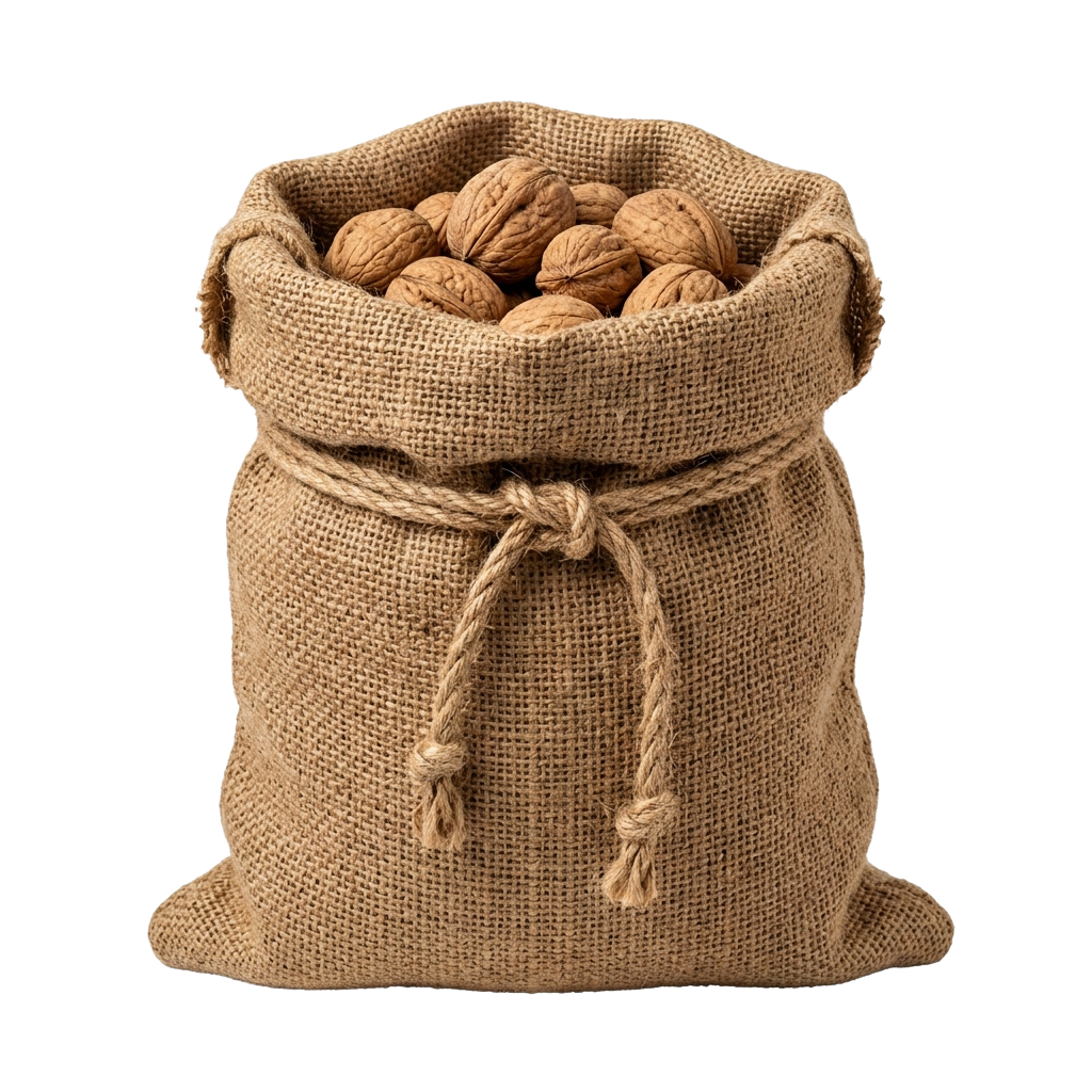 A burlap sack tied with twine, filled with whole walnuts.
