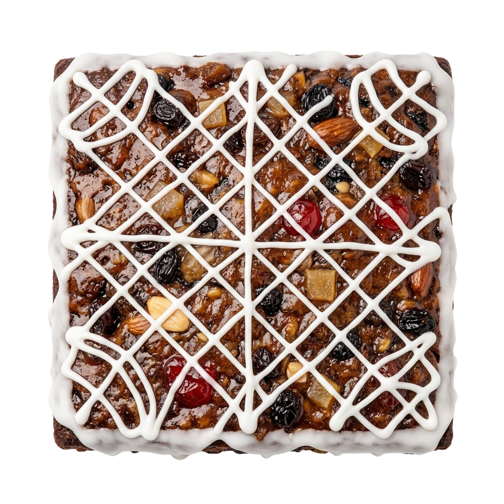 Square fruit and nut bar with white icing crisscross pattern on top