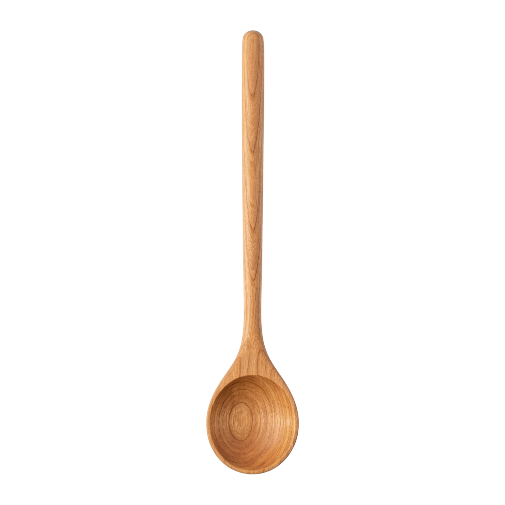 A light-colored wooden serving spoon with a rounded bowl and straight handle