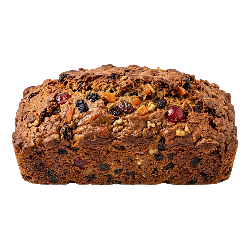A loaf of fruit and nut bread with visible raisins, almonds, and dried cranberries on top