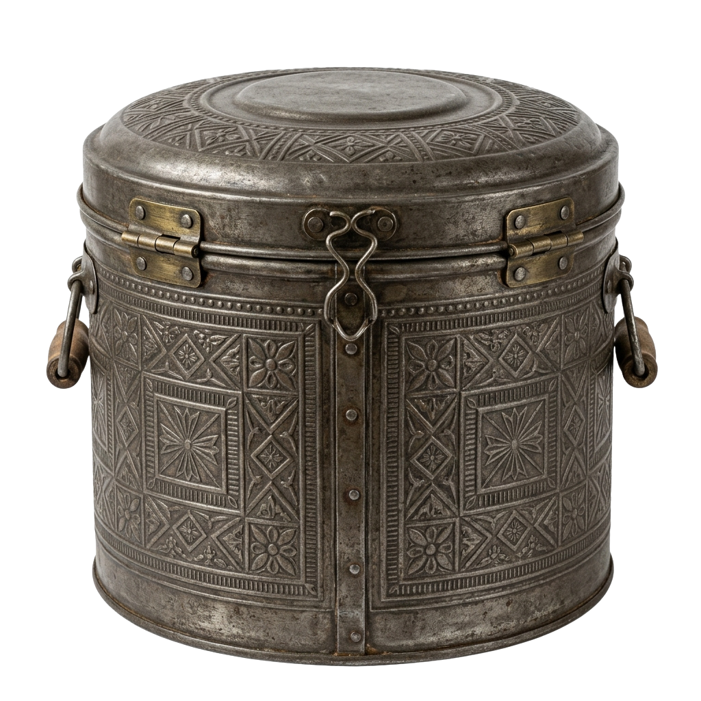 Old-fashioned metal container with decorative embossed patterns and brass fittings